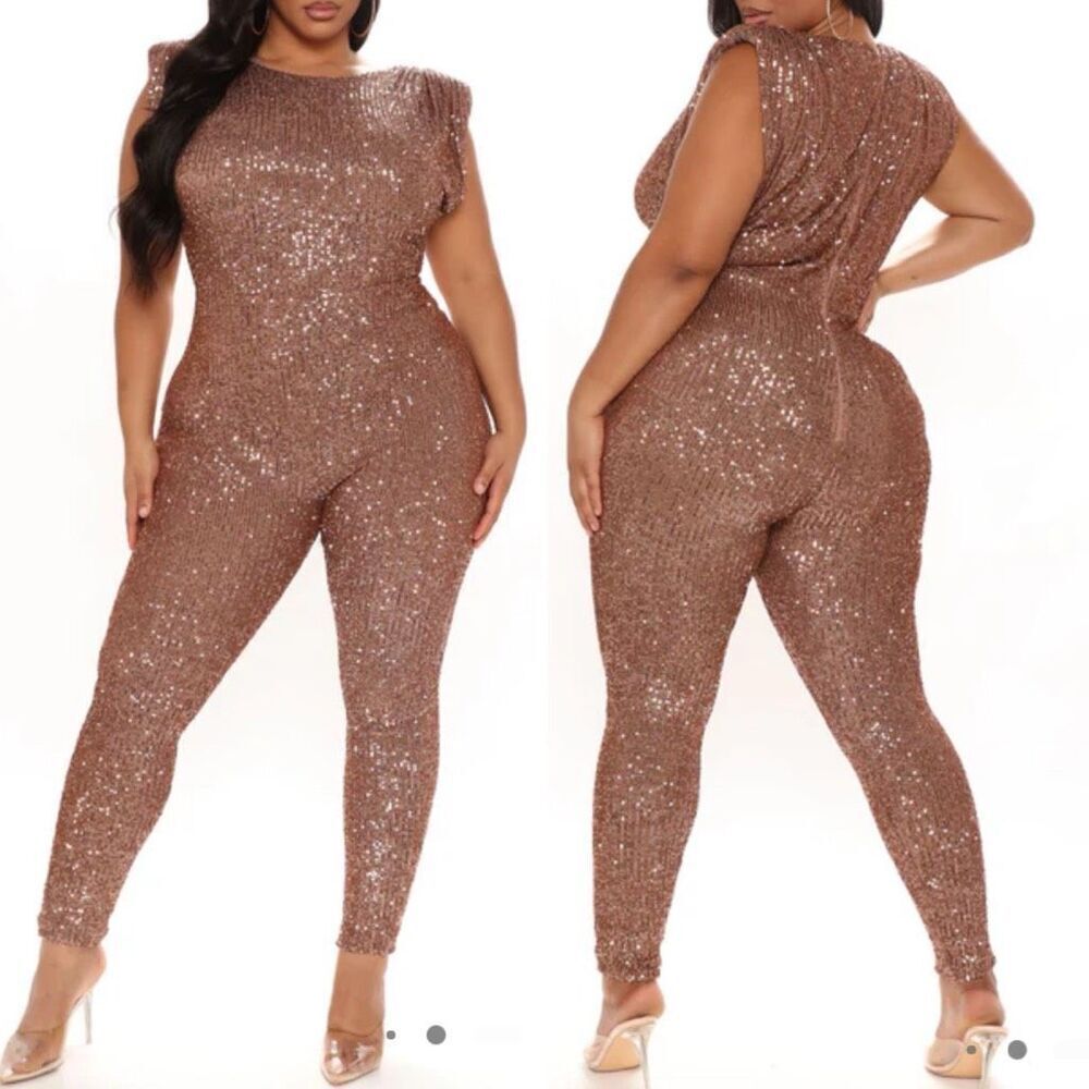 Fashion Nova Sparkle And Snatched Shoulder Pad Jumpsuit Copper Chocolate $50 2X